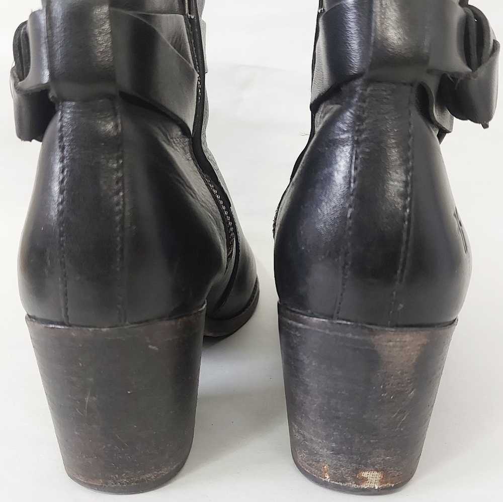 Frye Women Melissa Knotted Short Boots Size 8.5 Black Leather Edge Buckle Strap - Picture 6 of 16
